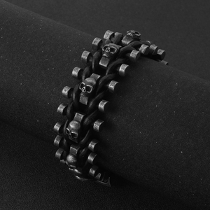 Pulsera de metal de pistola Cadena de eslabones de calavera Brazalete de cuero para hombres Pulsera de cuero genuino de calavera de acero inoxidable - Product Image 4