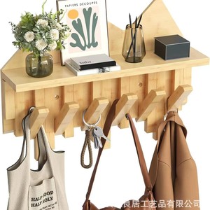 Wall Mounted Wooden <b>Shelf</b> With <b>Hooks</b> For Entryway Storage And Coat Rack Multifunctional Organizer - Product Image 3