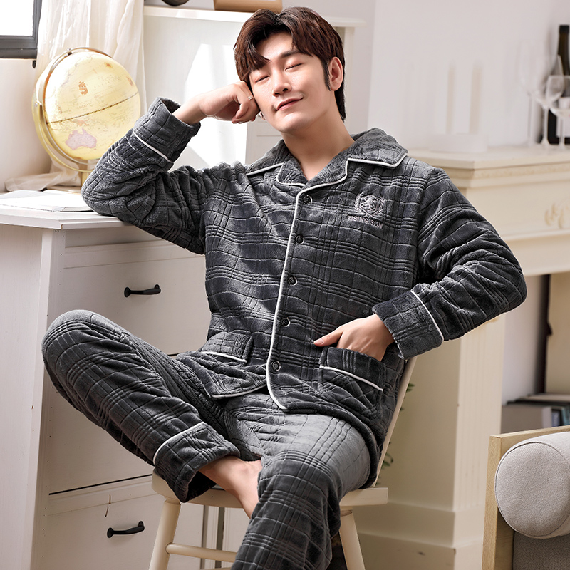 Custom New Arrival Winter Flannel Men's Pajamas Warm Fleece 2pcs Pyjama Velvet Pajamas Set