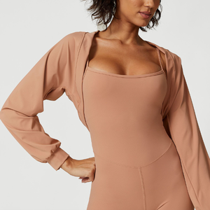 Châle de yoga extra court pour femmes respirant 70% nylon 30% spandex <span class=keywords><strong>pull</strong></span> de sport couleurs unies <span class=keywords><strong>Anti</strong></span> <span class=keywords><strong>UV</strong></span> coupe ample pour vêtements de plein air - Product Image 6