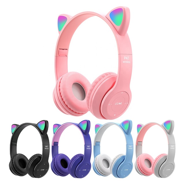 2026 Best Selling P47M LED Light Cute Cat Ears Wireless Headphones with Mic Kid Girl Stereo Music Helmet Phone BT Headset