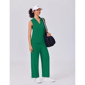 FOXA Women 2 Piece Sleeveless V Neck Top Wide Leg Crop Pants Set Breathable Knitted <b>Lounge</b> Wear Summer Travel Outfits - Product Image 5