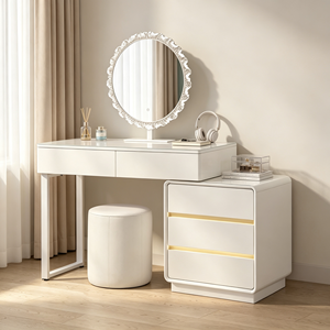 Moderno Set de Tocador Blanco con Espejo Redondo e Iluminación LED, Mesa de Maquillaje para Dormitorio con Cajones de Almacenamiento y Taburete - Product Image 4