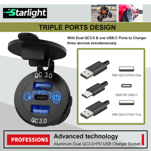 QC3.0 PD prise de <span class=keywords><strong>chargeur</strong></span> de voiture montage sur panneau en aluminium 12V/24V double prise USB avec interrupteur tactile pour camion RV Marine - Product Image 2