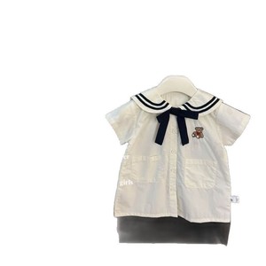 Child Star Circle Baby Girls Short Sleeve Sailor Collar Shirt With Bear Bow Breathable Summer Top - Product Image 5