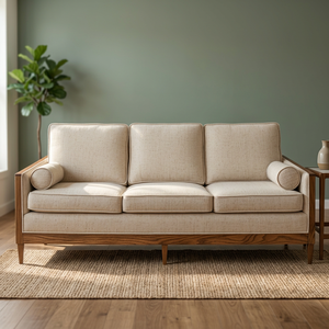 Elegant Teak Wood Mid Century Modern <b>Sofa</b> with Bolster Cushions for Living Room - Product Image 1