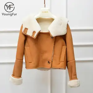 Luxuriöse Kleidung Winter Warm Original Schaffell Mantel Frauen Schafspelz Kurz leder Jacke