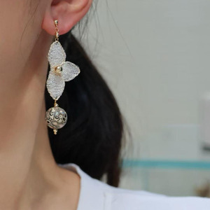 Artisanal Handmade Lacquer Bead <b>Earrings</b>, US‑Imported 14K Gold Filled Wire‑Knitted Mesh Lace Floral Long Dangle <b>Earrings</b> - Product Image 4
