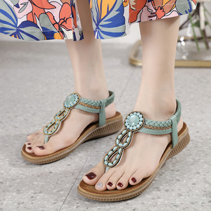 Factory Direct Wholesale Women's Boho Platform Outdoor Summer Slip-On Flat <b>Sandals</b> Rhinestone Decorated Breathable Lightweight - Product Image 3