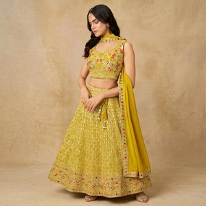 Custom <b>Women</b> Indian Traditional Haldi Wear Georgette Flared <b>Lehenga</b> Choli Heavy Resham Sequins Work Sleeveless Blouse Ready - Product Image 1