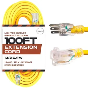 100 Foot Outdoor Extension Cord - 12/3 SJTW Heavy Duty Yellow 3 Prong Extension Cable