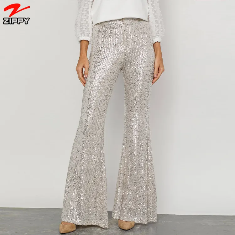 D&M 2022 Newest Design Fashion Slim Wide-leg Pants Black Shining Sequined Flared Trousers Lady Club Bell-Bottoms Women Pant