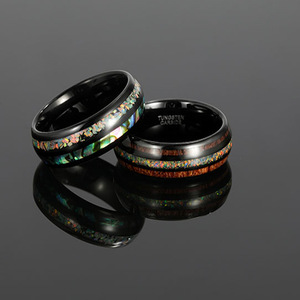 Retro sáng tạo thép vonfram kép ba kênh cầu vồng lửa Opal bào ngư vỏ gỗ <span class=keywords><strong>Inlay</strong></span> Nhẫn - Product Image 3