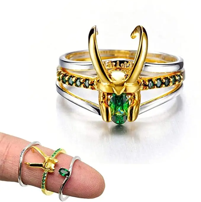 Bague 3-en-1 pour homme, anneau Loki, Thor, diamant vert, plaqué or 18 carats, Anime Cosplay
