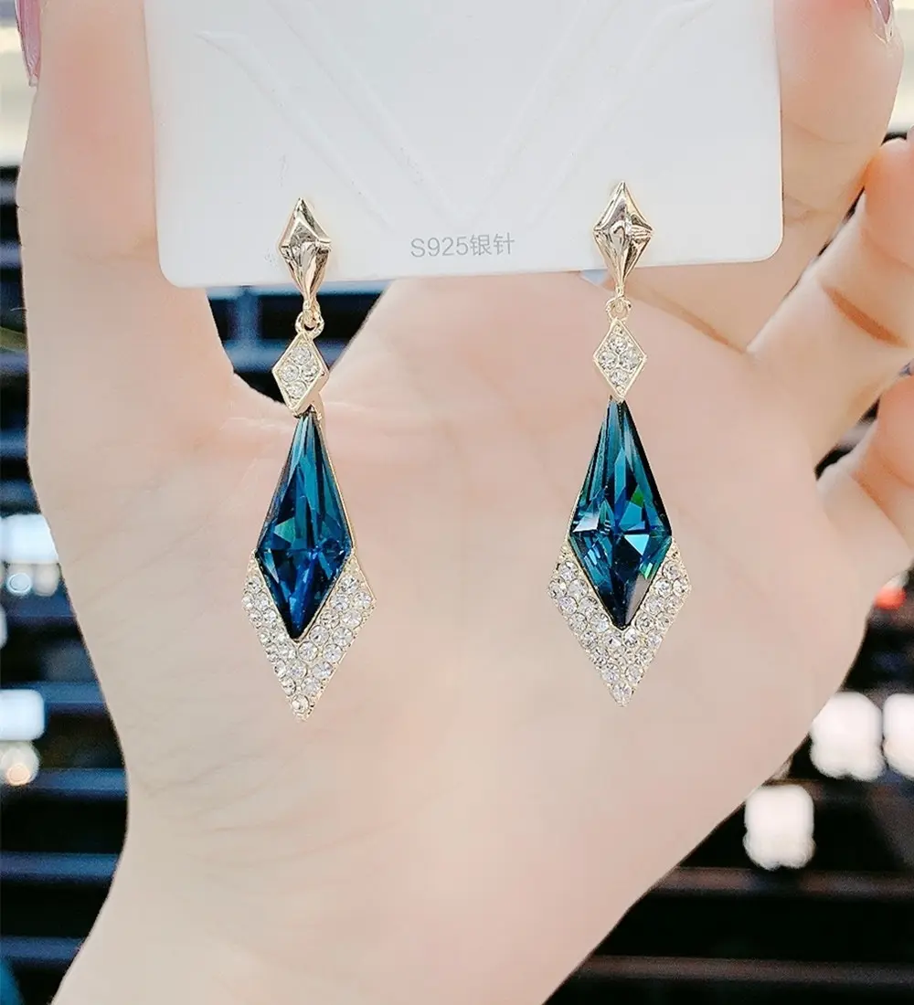 Wholesale 925 silver blue pink Geometric crystal drop earrings for women