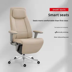 Chaise de bureau en cuir véritable électrique, dossier ergonomique, inclinable, design de luxe léger, base à cinq étoiles, roulettes - Product Image 2