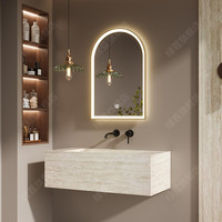 Ensemble de meubles de salle de bain en bois massif écologique, résistant à l'eau, de style classique moderne, sur mesure, avec vasque marbrée et éclairage LED