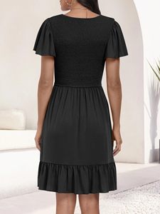Vestido Casual de Verano para <span class=keywords><strong>Mujer</strong></span>, Color Sólido, Cuello en V, Manga Corta con Volantes, Estilo Fluido, Largo hasta la Rodilla, con Bolsillos, Elegante y Sencillo - Product Image 4