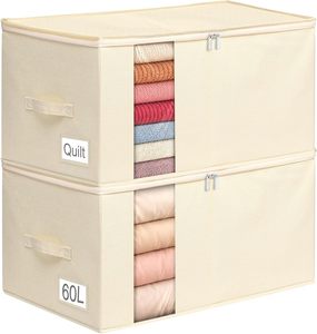 Sac de rangement pour couette en lin 90L, lot de 2, empilable et pliable, côtés et fond rigides, organisation de la literie sous le lit - Product Image 2