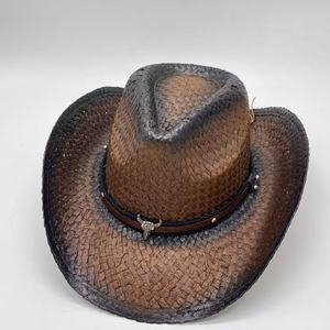 Sombrero de paja de <span class=keywords><strong>vaquero</strong></span> con estilo Retro occidental a precio de fábrica, sombrero de playa de paja a prueba de Sol de estilo Unisex de verano con banda de vaca - Product Image 1
