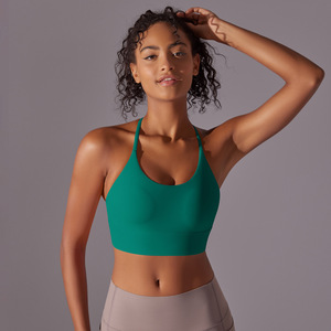Soutien-gorge de sport pour femme, col halter en U, bretelles fines en T, coussinets amovibles, soutien léger, idéal pour le Pilates, le yoga et la course à pied, haut court athlétique. - Product Image 2