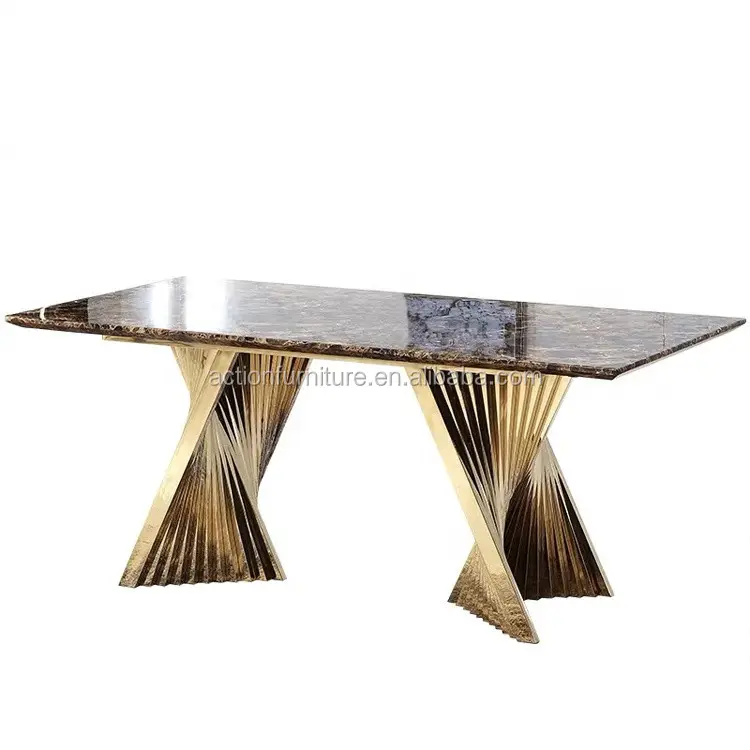 Desain Sederhana Modern Dasar Baja Nirkarat Emas dengan Meja Makan Atas Marmer 6 Kursi untuk Ruang Tamu Hotel