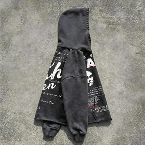 เสื้อฮู้ดดี้เฟรนช์เทอร์รี่ผ้าฝ้าย 100% แบบครอปพิมพ์ลายตามสั่ง สไตล์ดิสเทรส ทรงโอเวอร์ไซส์ ยูนิเซ็กส์ สตรีทแวร์ ล้างสีแบบแอซิดวอช - Product Image 3