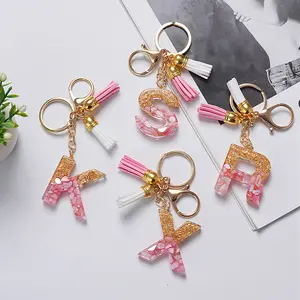 Fashion English initial keychains letter With Pink Blue Tassel A-Z Keyring Glitter Stone Fill Resin letter KeyChain charm Gift