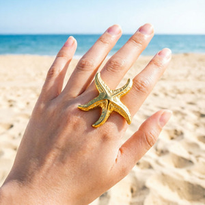 Ocean themed <b>open</b> face stainless steel <b>ring</b> for women featuring a conch shell and starfish design a unique and exaggerated style - Product Image 3
