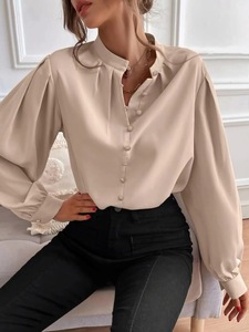 Elegant Shirts for Women Lantern Sleeve <strong>Top</strong> Vintage Stand Collar V Neck Puffy Sleeve <strong>Smart</strong> Casual Work Wear Fashion <strong>Ladies</strong> Shirt - Product Image 2