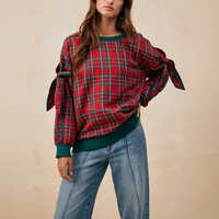 Sweat-shirt à carreaux rouges pour femme, vert, à volants, col en V, manches ballon, style preppy, décontracté, pour Noël