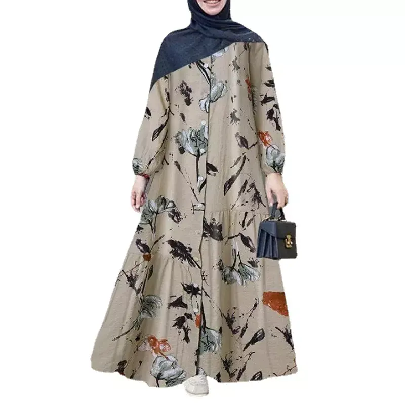 Muslim Clothes Large Size Women's Cotton Linen Long Sleeve Fashion Casual Floral Long Dress Abaya Maxi Vestidos Robe