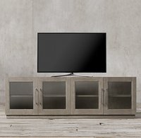 Meuble TV Rhoohill personnalisé pour salon, en bois massif, avec 4 portes vitrées, style vintage américain, console multimédia longue en bois