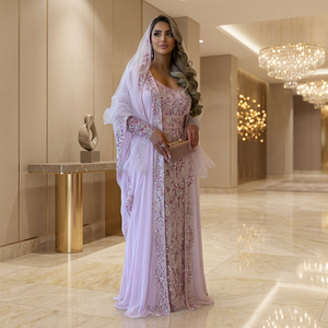 Vestido Kaftan Jalabiya de lujo bordado a mano con perlas y lentejuelas y Sheila a juego para mujer - Product Image 3