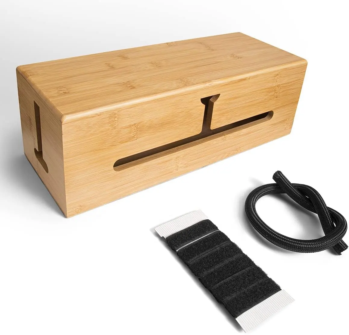 Sustainable Desk Top Wooden Bamboo Wire Cable Management Box Organizers With Extension Cord Cover & Socket