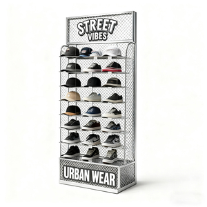 Étagère organisatrice en treillis métallique personnalisable, présentoir de vente au détail à plusieurs niveaux pour chaussures, casquettes et autres articles de présentation, sur pied - Product Image 1