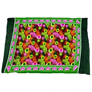 Traditional Cotton Polyester <b>Sarong</b> With Floral Print Green Border Women's Pareo Asia Pacific Islands Clothing - Product Image 1
