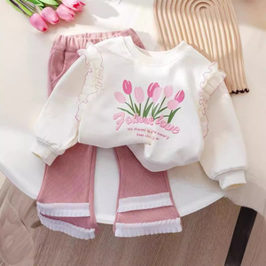 2024 Meninas Outono Roupas Flor Manga Longa + Calças da Menina Rosa Calças 2 PCS Roupas Set Atacado - Product Image 3