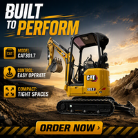 Mini-excavatrice sur chenilles Cat à cabine ouverte, modèle d'occasion Cat301.7, poids opérationnel de 1,7 tonne, tous les accessoires peuvent être installés
