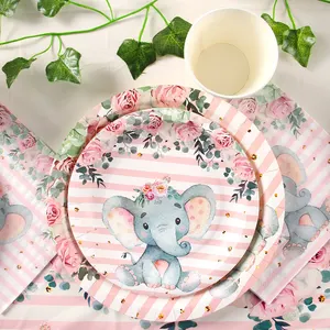 粉色大象纸盘套装装饰品儿童生日婴儿送礼会用品一次性餐具套装盘子杯子餐巾纸