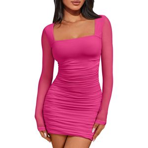 Robe moulante à manches longues et col carré pour femme, mini-robe de club froncée avec tissu en mousseline transparente - Product Image 1