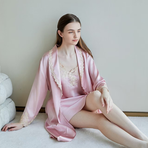 Conjuntos de Bata de seda 100% de lujo de calidad, nueva ropa de dormir bordada transpirable hasta la rodilla, camisón de seda elegante para mujer para verano - Product Image 3