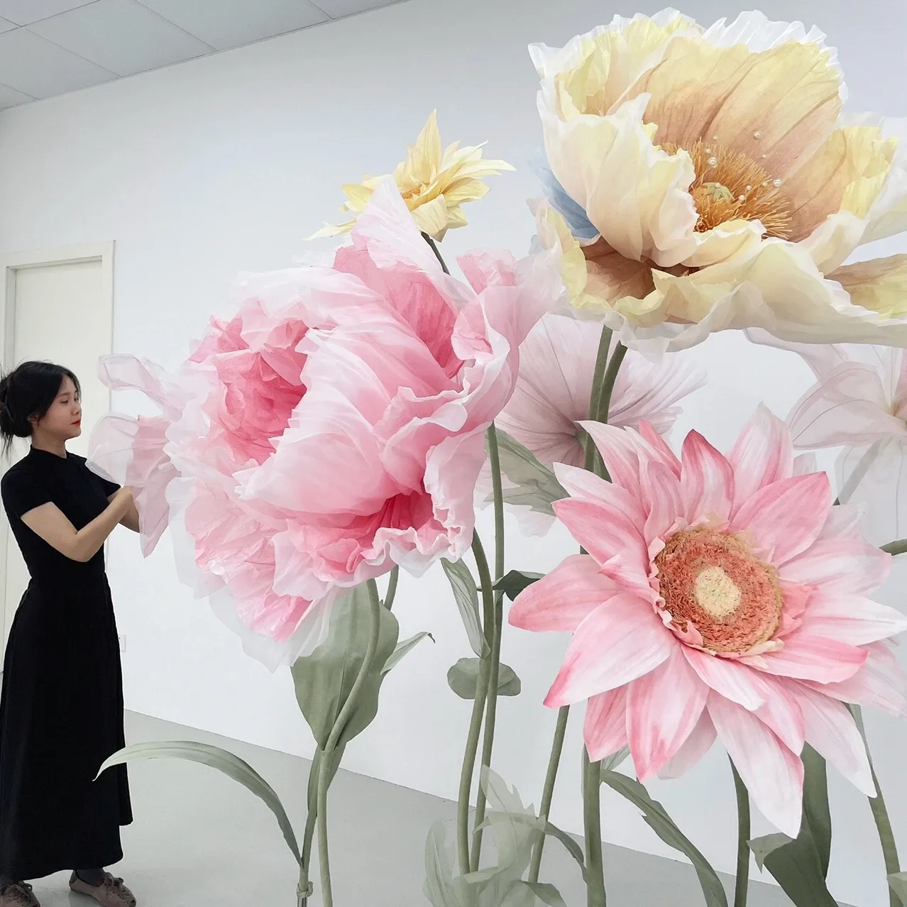 J-318 New design paper and silk double layers giant light pink and blue color poppy flowers for wedding event decoration