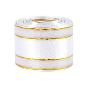 MSD Ribbon 5 Yards Per Roll White Organza Satin Ribbon With Gold Edge Roll For Decoration