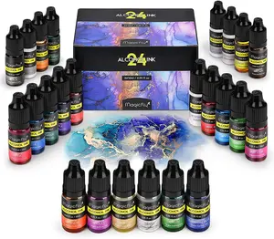 Alcohol Ink Set 24 Bottles Vibrant Metallic Colors Alcohol Ink for Epoxy Resin Alcohol-Based Ink for Petri Dish Coaster