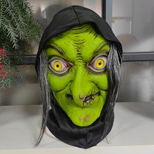 Máscara de bruja verde con capucha y pelo gris, accesorio para disfraz de Halloween, talla única - Product Image 1