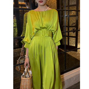 Diseño personalizado <span class=keywords><strong>verde</strong></span> elegante <span class=keywords><strong>linterna</strong></span> manga encaje plisado Midi vestidos para las mujeres - Product Image 2