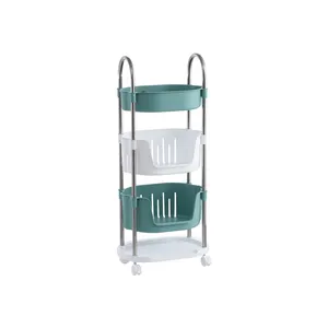 China Golden Supplier Movable Multi Functional Stainless Steel Tube Plastic Basket Kitchen Storage Rack Organizer Trolley