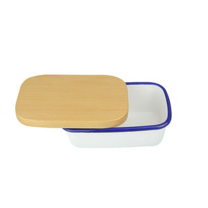 Çevre dostu sofra emaye Metal çelik tereyağı tabağı bambu kapak gıda konteyner emaye tereyağı tabağı beechwood kapaklı - Product Image 4