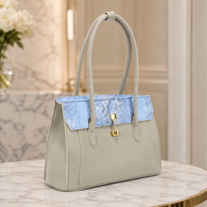 Women PU Leather Shoulder Bag Light Blue Snake Texture Flap Tote Handbag Large Capacity Office Bag - Product Image 1